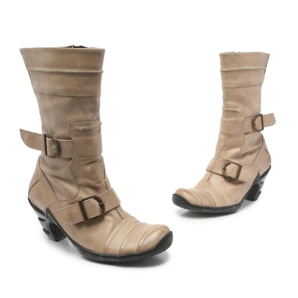 Eject Leather Boot Steampunk Moto Booties Buckles Straps Spiral Heel Tan Beige - Picture 3 of 12